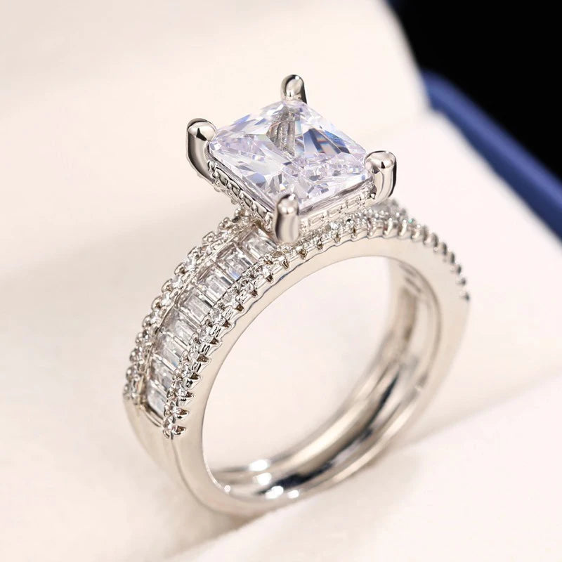 Sparkling Rectangular Zircon Ring in Luxury Silver Finish