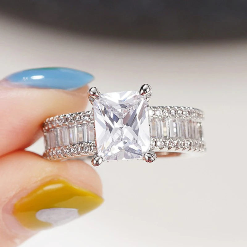 Sparkling Rectangular Zircon Ring in Luxury Silver Finish