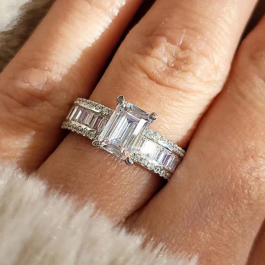 Sparkling Rectangular Zircon Ring in Luxury Silver Finish